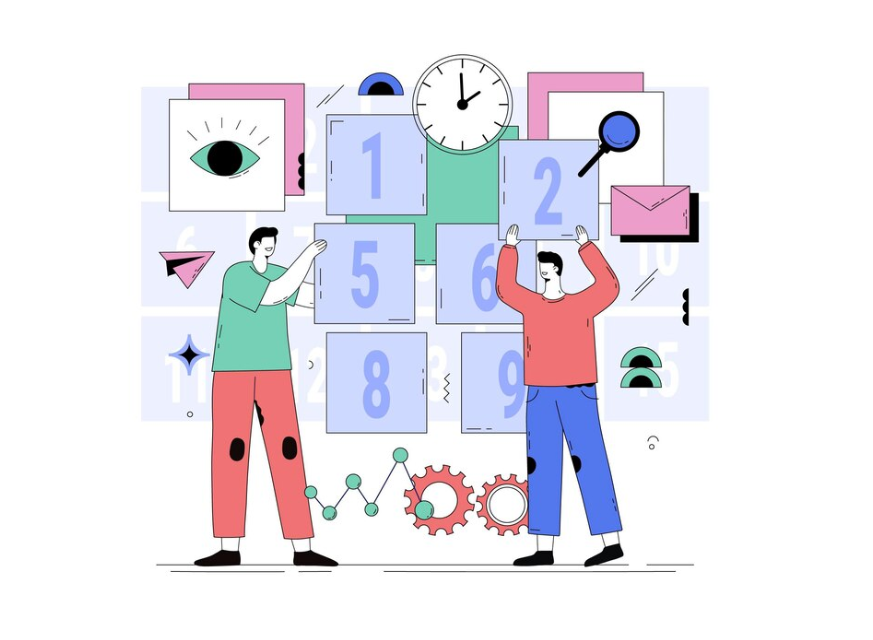 Two people organizing a schedule with numbers and gears illustration